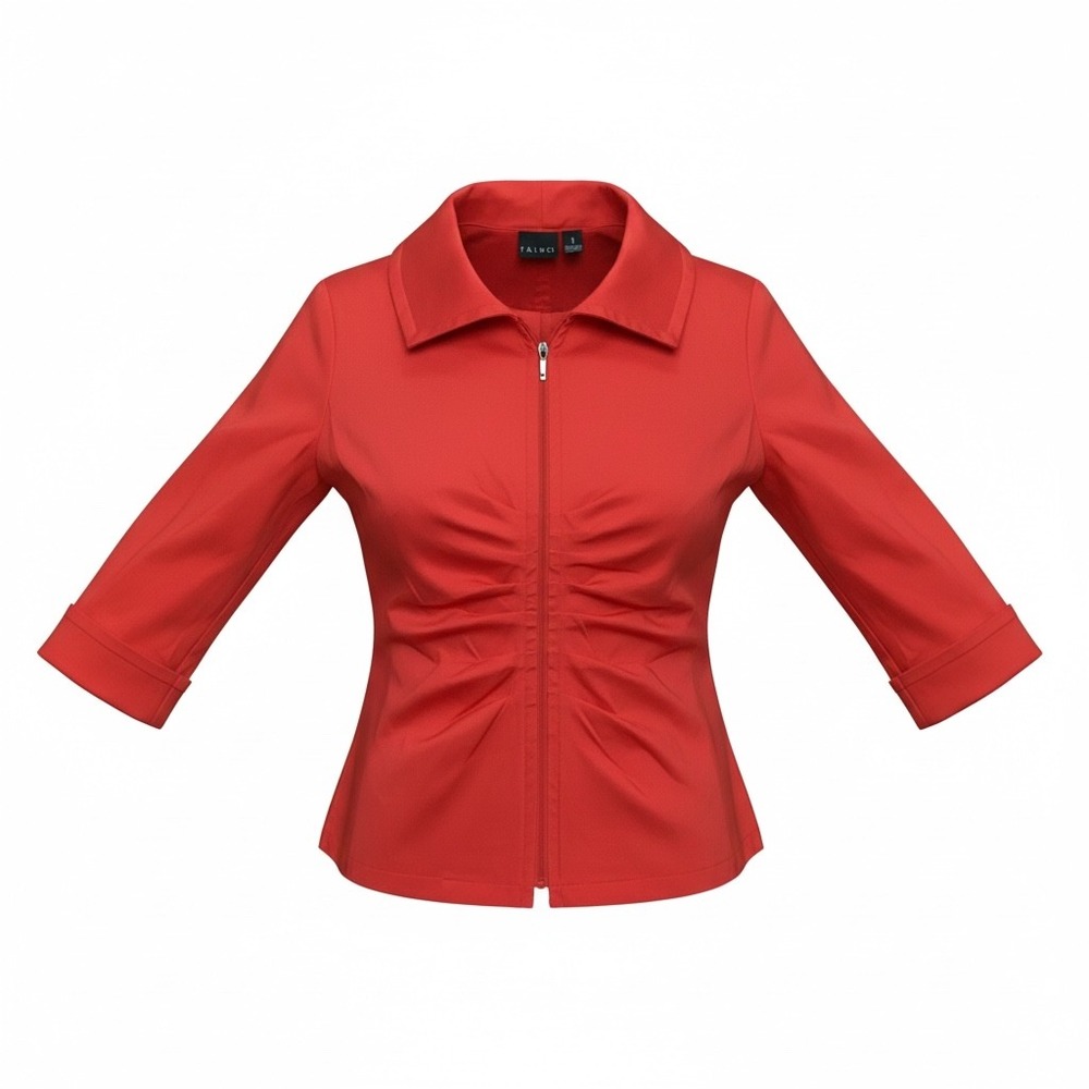 Tribal Women Red Ruched Zip Front 3/4 Sleeve Top Jacket Size 10